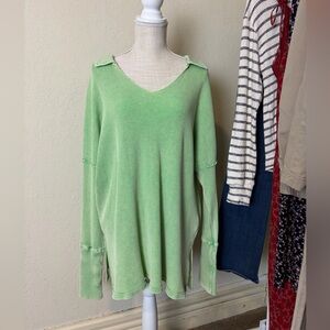 Boutique Green Waffle knit Longline Boho Artsy  Flowy Beach Split Hem Trendy Top